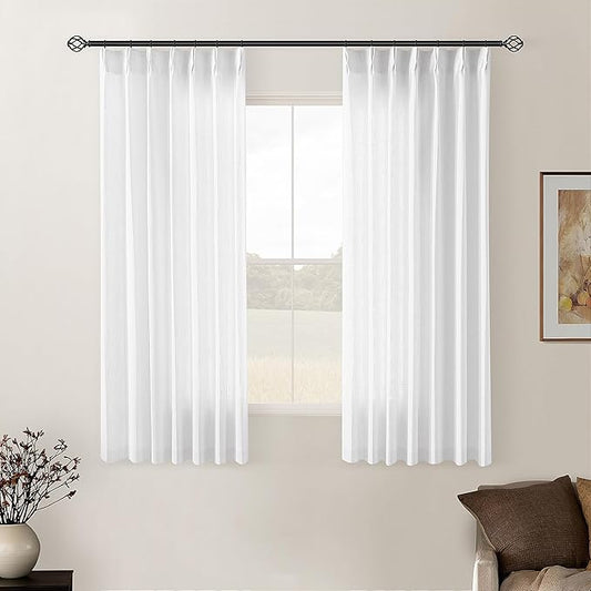 White Short Linen Curtains 45 Inch Length 2 Panel Set for Small Windows Rustic Country Linen Cotton Light Filtering Drapes Privacy Pinch Pleated Back Tab Semi Sheer Kitchen Curtains 45 Inches Long