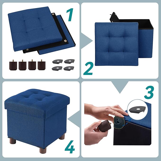 BRIAN & DANY Small Ottoman with Storage, Small Storage Ottoman, Folding Foot Stool with Wood Legs for Living Room and Bedroom Linen Rest Seat, 12.6"x12.6"x12.8" - Blue