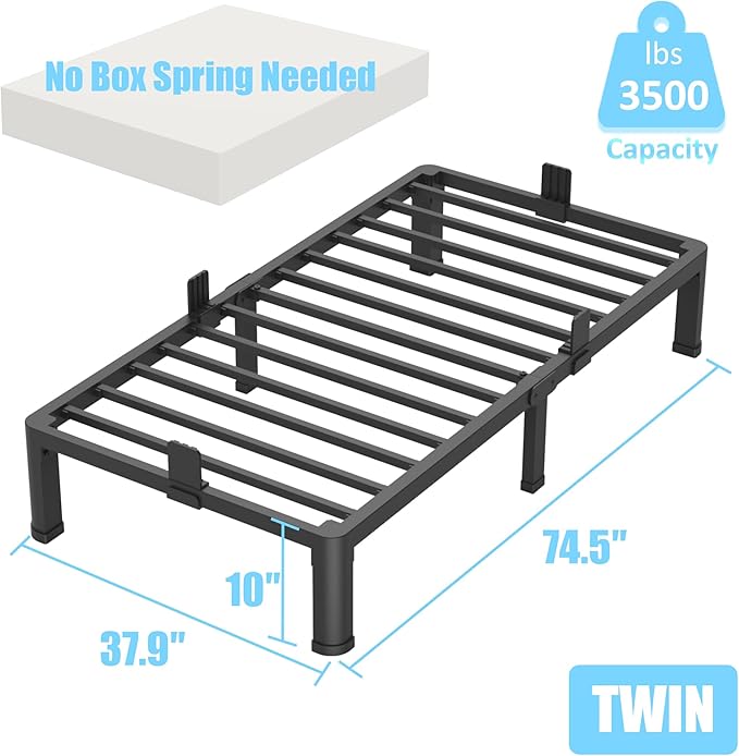FUIOBYVV 10 Inch Twin Bed Frame with Round Corner Edge Legs 3500 lbs Metal Heavy Duty Steel Slats Support No Box Spring Needed Platform Noise Free Easy Assembly