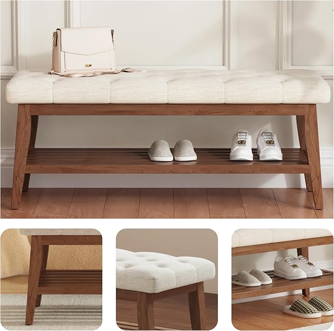 LEILISI Entryway Shoe Bench with Storage, End of Bed Bench, Linen Upholstered Button-Tufted Seat Bench with Solid Wood Frame for Living Room, Bedroom (Beige, 43.3'')