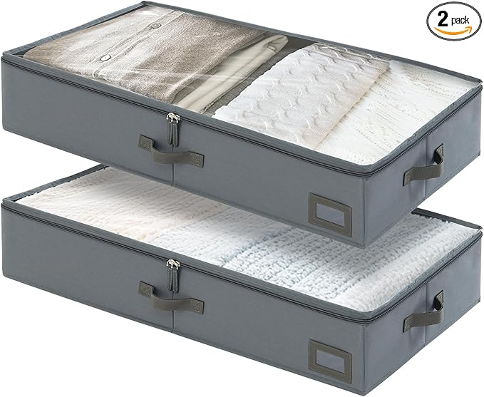 6-Inch Under Bed Storage Containers (2-Pack) | Sturdy Sidewalls | Clear Cover & Label Holder | Foldable Fabric Closet Bin Organizer | Stores Clothing/Blankets/Sweaters/Sheets