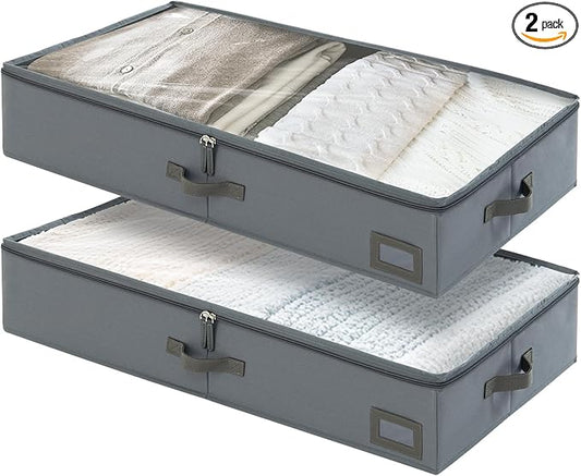 6-Inch Under Bed Storage Containers (2-Pack) | Sturdy Sidewalls | Clear Cover & Label Holder | Foldable Fabric Closet Bin Organizer | Stores Clothing/Blankets/Sweaters/Sheets