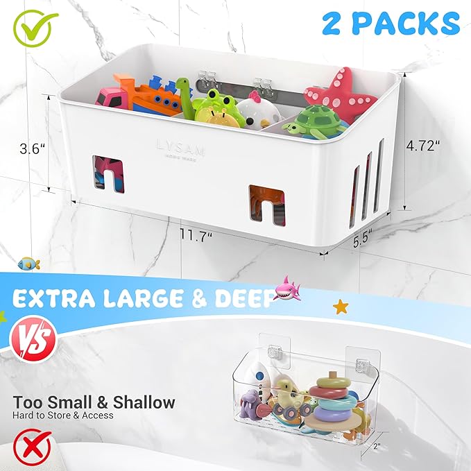 Lysam Bath Toy Storage 2 Packs, Large Bath Toy Holder with 3 Compartment, Quick Dry Bathtub Toy Organizer, Bath Tub Toy Net, Shower Toy Basket & Bin, Bathroom Accessories for Baby,Toddler,Kids（White）
