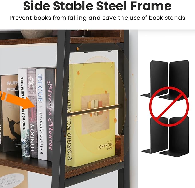 Himimi Industrial Bookshelf 5-Tier, Home Office Bookcase Ladder Shelf, Freestanding Storage Shelves Rack Shelf Unit, Brown Ladder Bookcases with Metal Frame for Bedroom, Living Room, Kitchen