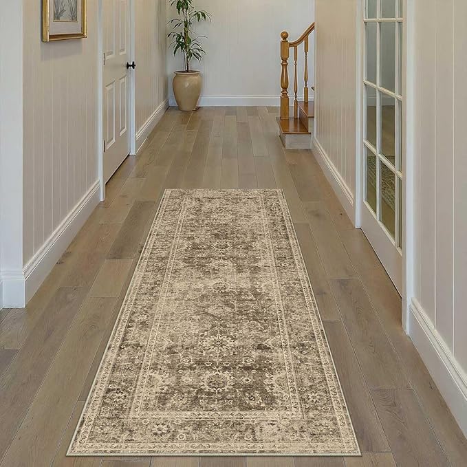 2x6 Washable Runner Rug for Kitchen Hallway Brown Vintage Non-Slip Low Pile Distressed Rustic Carpet Lightweight Vacuumable Soft Long Throw Rug for Indoor Entryway Bedroom