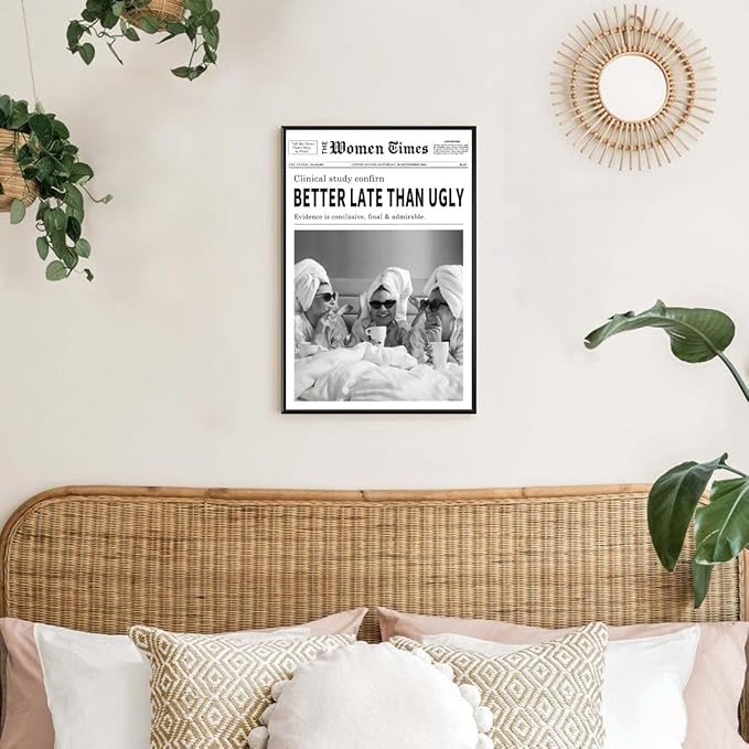 Generic Vintage Women Times Black and White Newspaper Wall Art Poster Better Late Than Ugly Funky Feminist Posters Trendy College Wall Decor for Bar Cart Girl Dorm Room 12x16 inch Black Framed