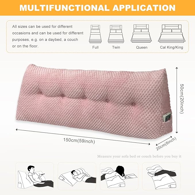 Large Triangular Headboard Wedge Pillow Soft and Supportive Headboard Backrest Positioning Support Bolster Cushion, Bed Wedge Pillow with Removable Cover(Pink,Cal King,71x8x20inch)