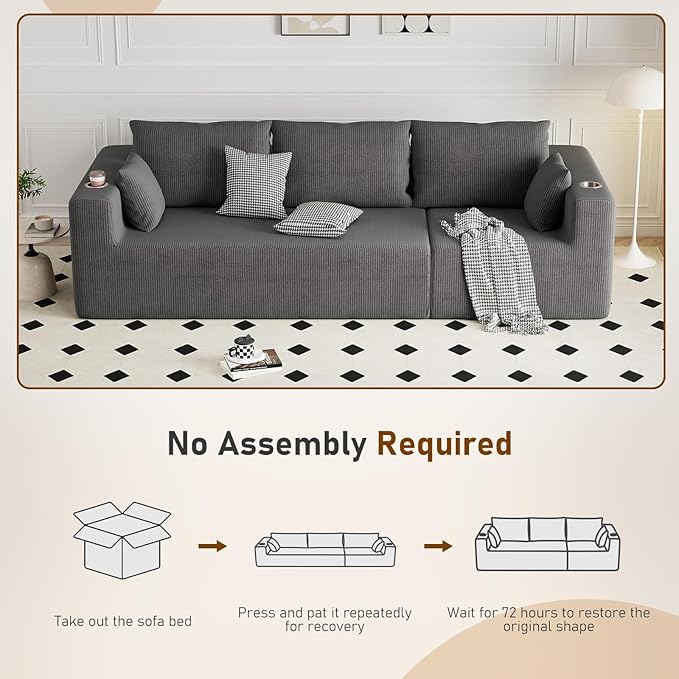 Furnimart 112" Oversized Modular Sectional Sleeper Sofa with 3 Ottoman, Boneless Cloud Couch Bed 3 Seater with Chaise for Living Room, Modern Convertible Sleeper Couch, No Assembly, Corduroy Dark Grey