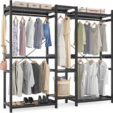 Homykic Bamboo Closet System Clothes Rack, Large Freestanding Garment Rack Clothing Rack for Hanging Clothes with 7 Storage Shelves and 5 Rods, Open Wardrobe Organizer with 4 Hooks, Black