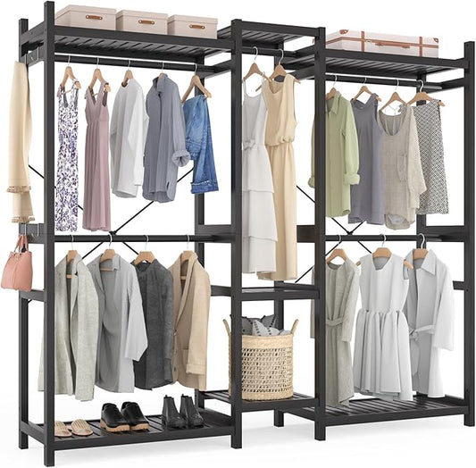 Homykic Bamboo Closet System Clothes Rack, Large Freestanding Garment Rack Clothing Rack for Hanging Clothes with 7 Storage Shelves and 5 Rods, Open Wardrobe Organizer with 4 Hooks, Black