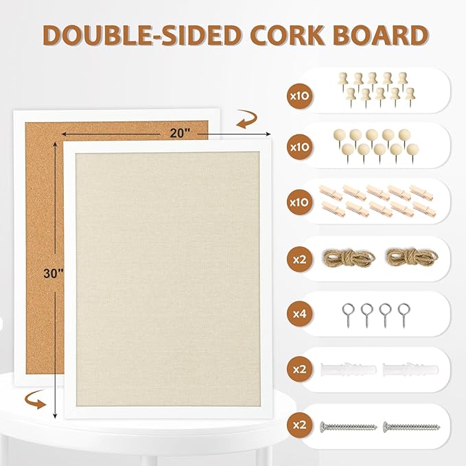 Double-Sided Large Cork Board with Linen, 30" x 20" Hanging Wood Framed Bulletin Board, Picture Display Vision Board Corkboards for Wall Room School Office Decor, 20 Pushpins,1pack