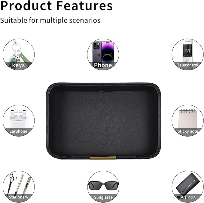 Luxury Leather Valet Tray Desktop Storage Organizer,Bedside Vanity Catchall Tray Nightstand Caddy Holder for Cosmetic,Jewelry,Watch,Keys,Phone,Wallet,Remote Controller,Pen,Black
