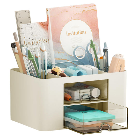 Marbrasse Pen Organizer with 2 Drawer, Multi-Functional Pencil Holder for Desk, Desk Organizers and Accessories with 5 Compartments + Drawer for Office Art Supplies (Blue) Dormly