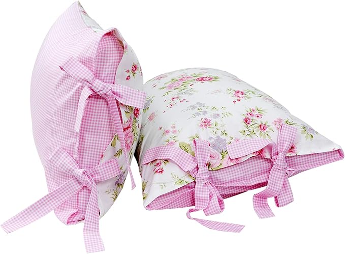 FADFAY Rose Floral Duvet Cover Set Pink Grid Cotton Girls Bedding with Hidden Zipper Closure 3 Pieces, 1duvet Cover & 2pillowcases,Twin Size