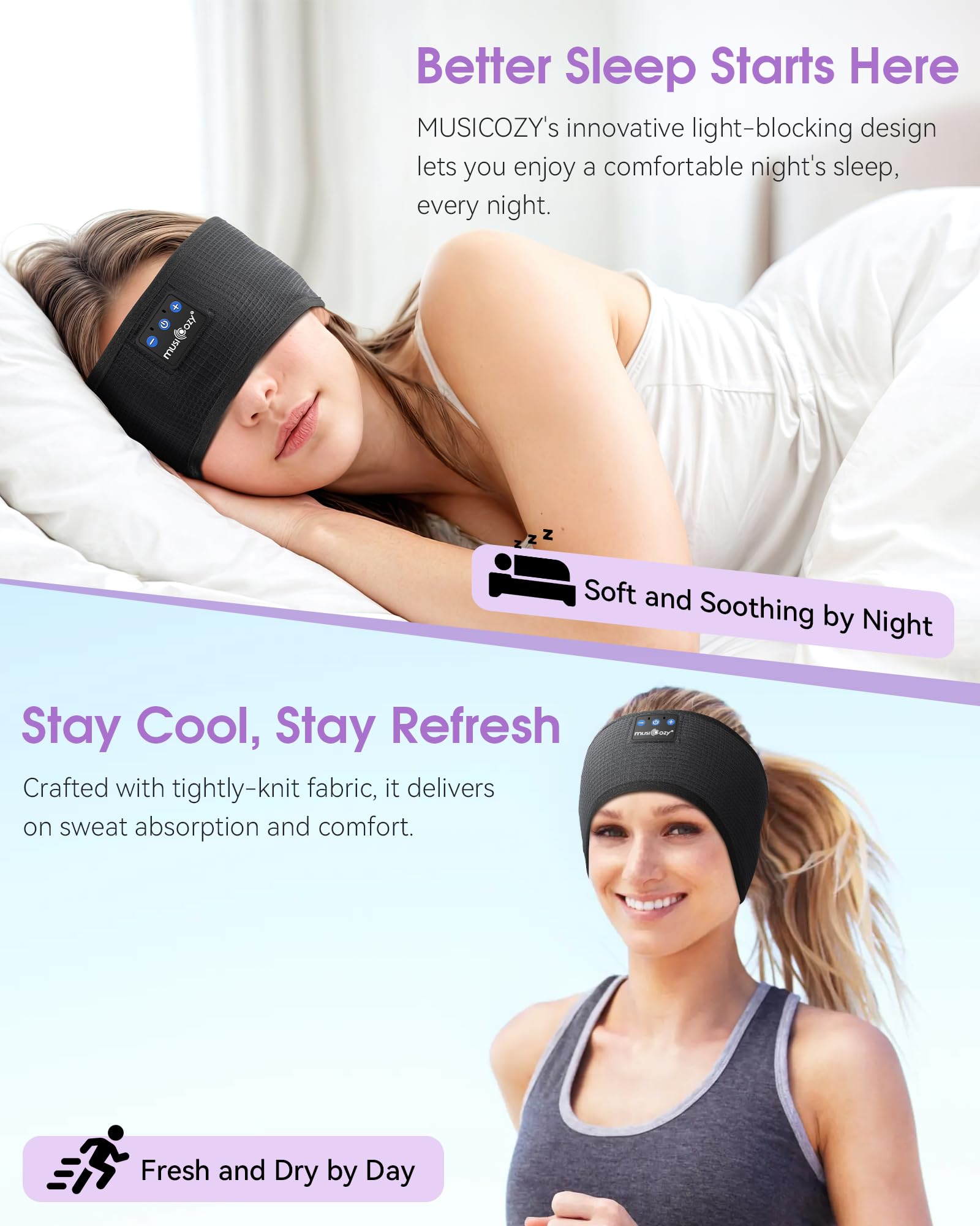 MUSICOZY Sleep Headphones Bluetooth 5.4 Headband, Sports Wireless Earphones Sweat Resistant Earbuds Sleeping Headphone with Ultra-Thin HD Stereo Speaker for Workout Running Cool Gadgets Unique Gifts Dormly
