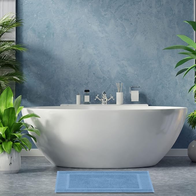White Classic Luxury Bath Mat Floor Towel Set - Absorbent Cotton Hotel Spa Shower/Bathtub Mats [Not a Bathroom Rug] 22"x34" | 2 Pack | Light Blue