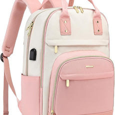 Laptop Backpack Women Work Bags - 15.6 inch Travel Backpack with USB Charger College Bookbag Waterproof Business Computer Backpack Anti-theft Casual Work Backpacks for Women Nurse Teacher Beige-Pink