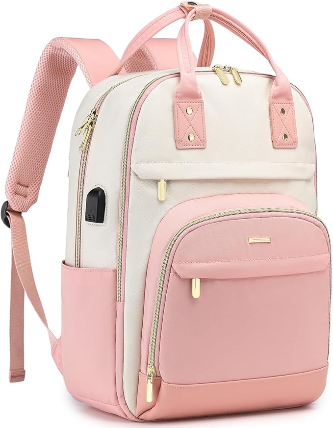 Laptop Backpack Women Work Bags - 15.6 inch Travel Backpack with USB Charger College Bookbag Waterproof Business Computer Backpack Anti-theft Casual Work Backpacks for Women Nurse Teacher Beige-Pink