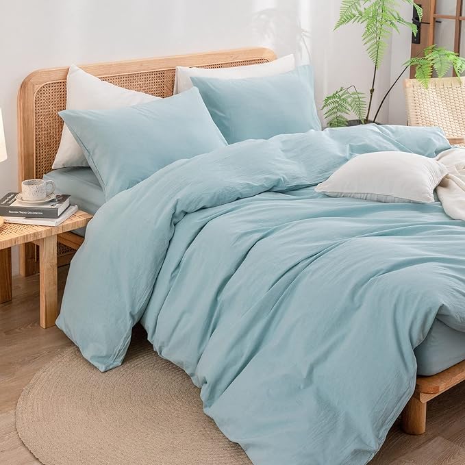 BESTOUCH Duvet Cover Set 100% Washed Cotton Linen Feel Super Soft Comfortable Chic Lightweight 3 PCs Home Bedding Set Solid Hushed Green King