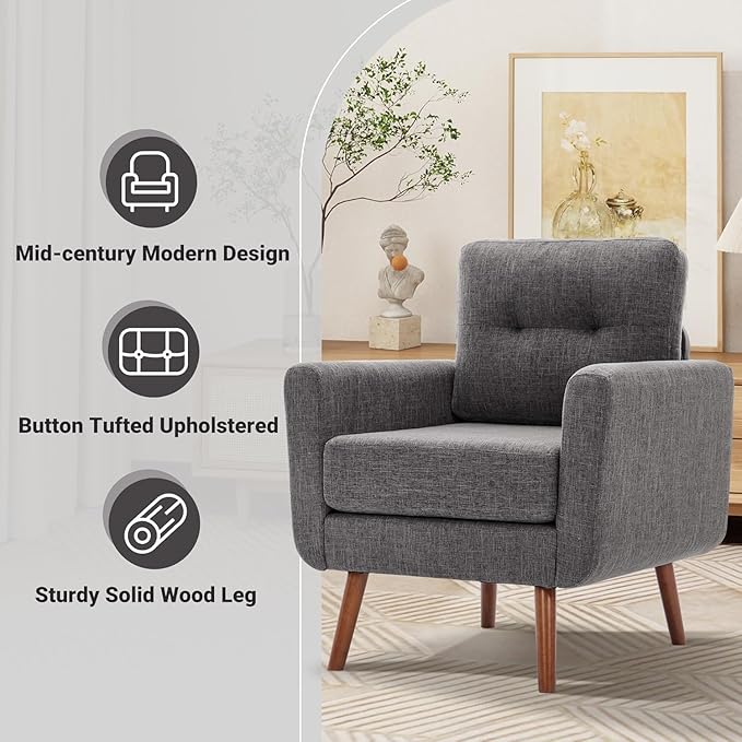 Tbfit Accent Chair, Reading Chair for Living Room & Bedroom, Mid Century Modern Arm Chair, Button Tufted Upholstered Accent Chairs Sofa with Solid Wood Frame, Grey