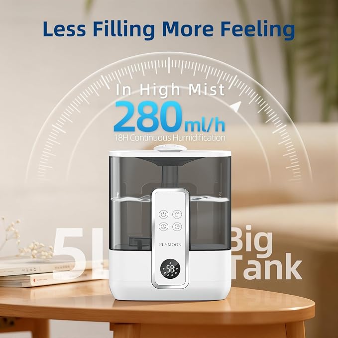 Flymoon 5L Quiet Mist Humidifier for Bedroom Large Room, Air Humidifier for Baby & Plants, Top Fill, 28dB, 3 Mist Levels, 12H Timer, App Control, White