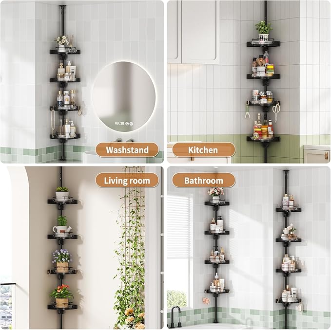 Corner Shower Caddy Tension Pole, 4 Tiers Rotating Shower Organizer for Bathroom Shelf Bathtub, Adjustable Standing Shower Rack Bathroom Accessories, Easily Assemble, 34-124 Inch Height,Black