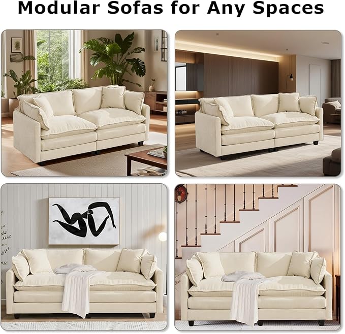SoarFlash 113.78" Chenille Sectional Sofa, Comfy L Shaped Modular Coush Sofa with Ottoman, Modern 4 Seat Couch Deep Seat Sofa Set for Living Room,Beige