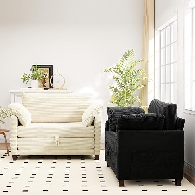 51" Convertible Loveseat Sofa Bed, 2-in-1 Folding Sofa Bed with 2 Pillow for Small Spaces, Modern Loveseat Sleeper Couch for Apartment, Living Room & Guest Room (Black Corduroy, 51 inch)