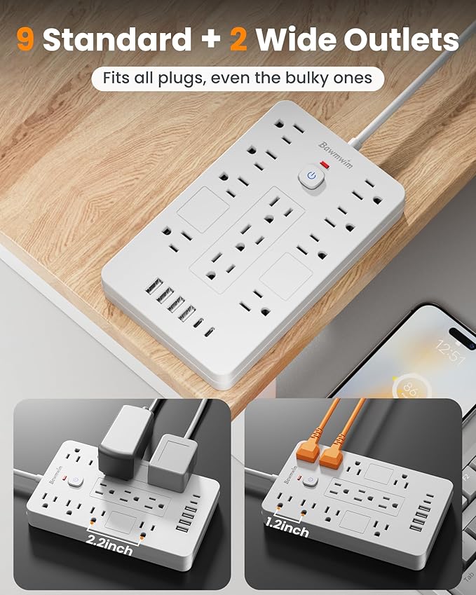 Surge Protector Power Strip - 11 Outlets(1850W/15A) with 6 USB Ports(2 USB C), 10FT Flat Plug Extension Cord, Wall Mount, White, ETL Listed for Home, Dorm Room