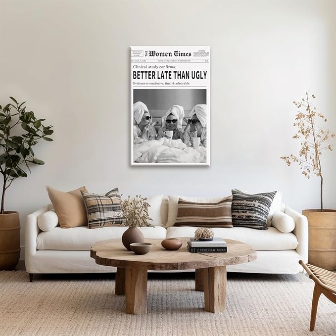 Vintage Women Times Black and White Newspaper Wall Art Better Late Than Ugly Poster Canvas Prints Funky Feminist Posters Trendy College Wall Decor for Bar Cart Girl Dorm Room 12x16inch Framed