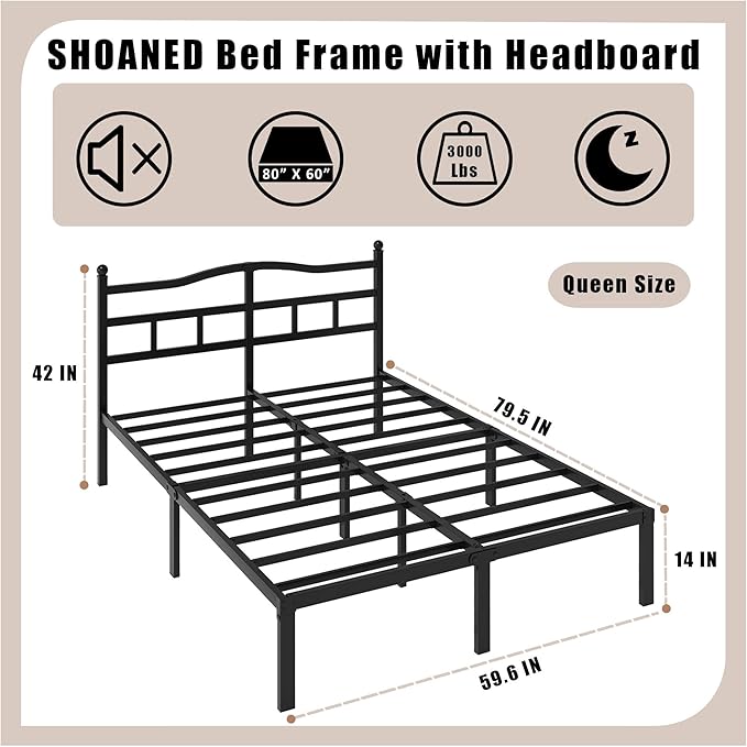 14 Inch Metal Bed Frame - Queen Size Heavy Duty Bedframe with Headboard Black Basic Steel Slats Platform No Box Spring Needed/Easy Assembly/Noise Free