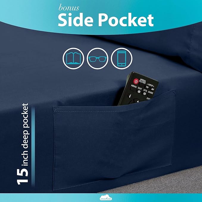 DREAMCARE King Size Sheets Set - Cooling Bed Sheets - 4pcs Set - up to 15" Deep Pocket King Sheet Set – Soft & Long Lasting Cooling - 100% Fine Brushed Polyester with Side Pocket - Navy Blue DREAMCARE
