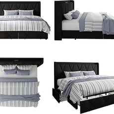 King Bed Frame with 4 Storage Drawers, Upholstered Platform Bed with Charging Station, Modern Wingback Storage Headboard, Easy Assembly,Noise-Free, Black