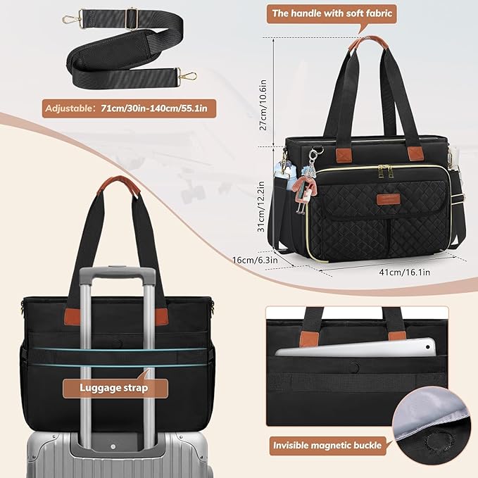 RAINSMORE Teacher Tote Bag for Women Work Bags 15.6 Inch Laptop Tote Bag with Large Cup Holder Nurse Bag Computer Handbag