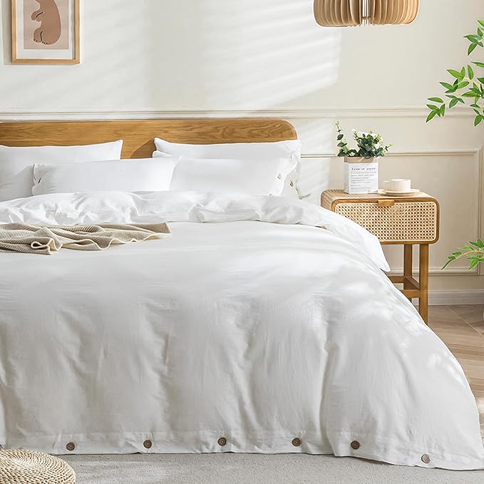 JELLYMONI Cotton Duvet Cover Super Queen Size - Bright White Comforter Cover with Button 100% Washed Cotton 3PCS Breathable Soft Solid Bedding Set Duvet Cover 98×90in & 2 Pillowcases (NO Comforter)