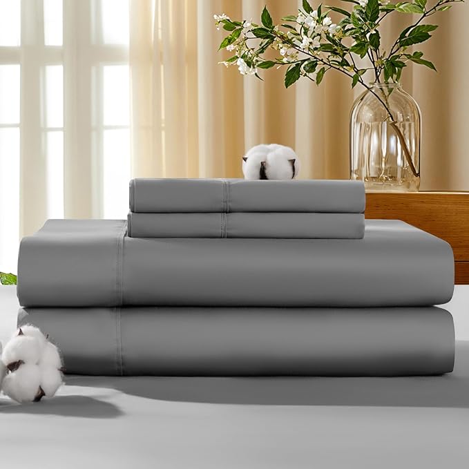 LBRO2M 100% Cotton Sheets Set Deep Pocket 19", 1000 Thread Count King Size 4 Piece Bed Sheet Sets Soft Comfortable Bedding All Season (King, Gray) LBRO2MBedding
