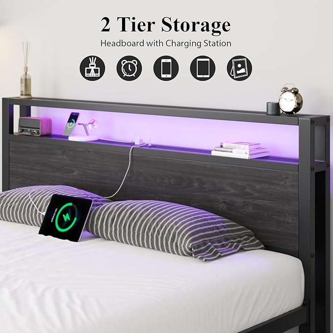 Full Size Bed Frame with Storage Headboard, Industrial Platform Bed with Charging Station and LED Lights, Heavy Duty Metal Slats, No Box Spring Need, Noise Free, Black