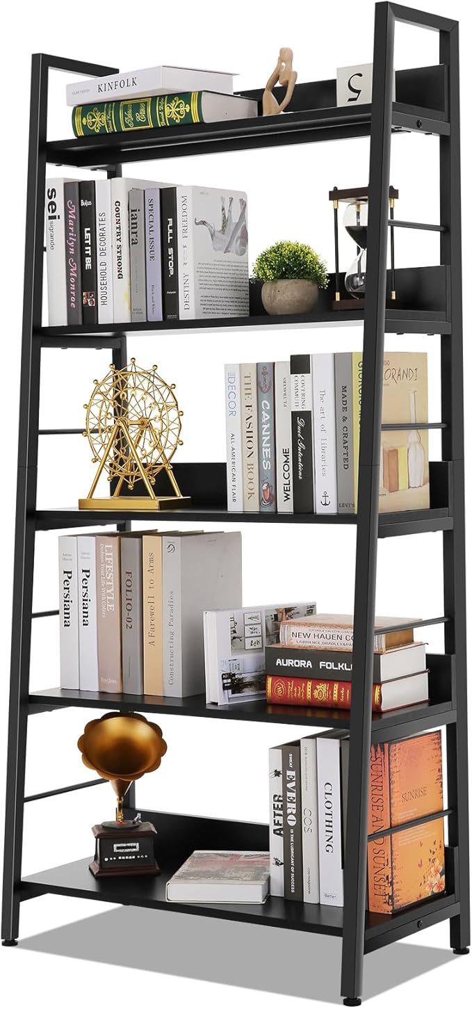 Himimi Black Ladder Bookshelf, 5 Shelf Bookcase Industrial Bookshelf Wood and Metal Bookshelves, Plant Flower Stand Rack Book Storage Shelves for Living Room, Bedroom, Home Office