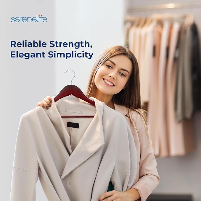 SereneLife 30 Pack Wooden Coat Hangers – Durable Suit Hangers with 360° Swivel Hook & Notches – Slim Design for Shirts, Jackets, Dresses, and More