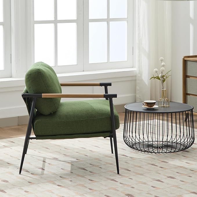Mid-Century Accent Chair, Soft Armchair Linen Fabric Lounge Chair with Black Metal Legs, Upholstered Leisure Chair for Living Room Reception Room, 1PC, Green