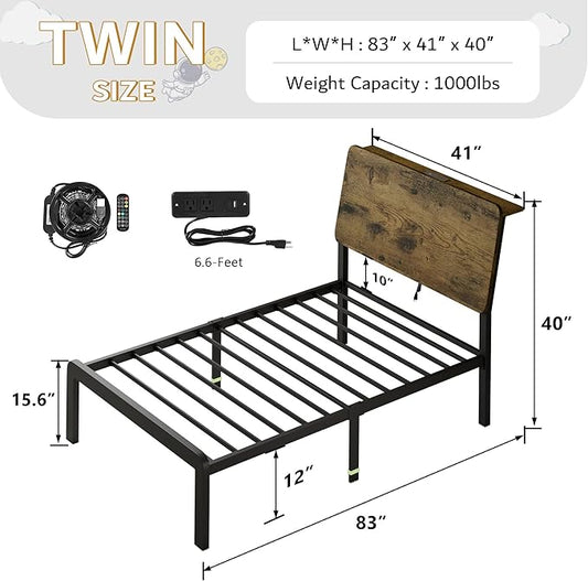 iPormis Twin Size Bed Frame with Ergonomic Wooden Storage Headboard, Metal Platform Bed with LED Lights & Charging Station, Steel Slats Support, No Box Spring Needed, Noise-Free, Easy Assembly, Rustic