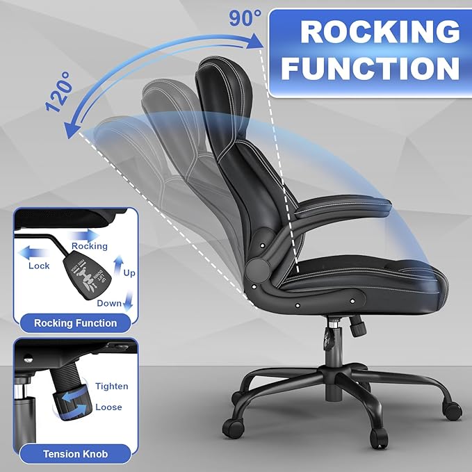 ZZH Ergonomic Office Chair High Back with Lumbar Support, Leather Executive Desk Chair, Flip-Up Arms, 360° Swivel & Height Adjustable, 1PC, Black