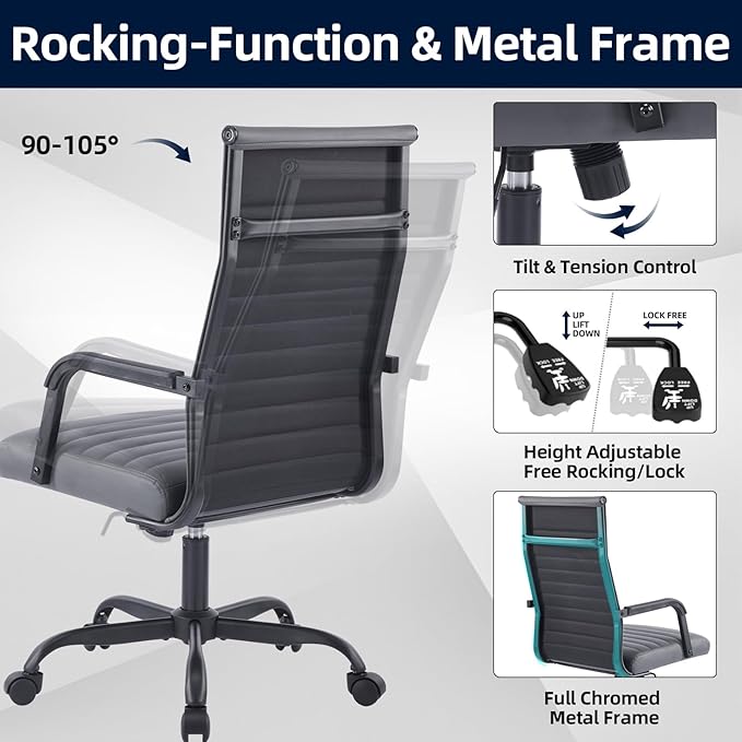 Office Chair, Ergonomic Executive Conference Room Chairs, Ribbed Leather Desk Chair with Lumbar Support, Adjustable Height Mid-Back Swivel Chair with Padded Seat and Square Tube Armrests
