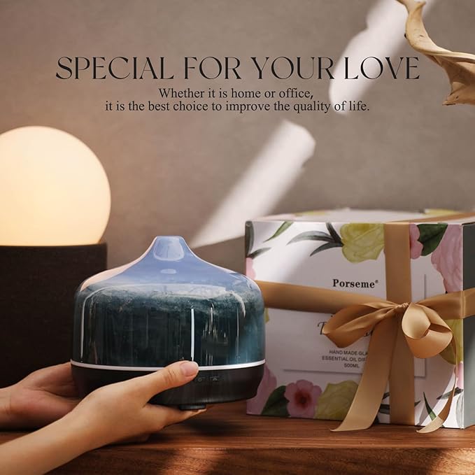 Porseme 500ml Glass Essential Oil Diffuser Aromatherapy Ultrasonic Cool Mist Humidifier 15-21 Running Hours Waterless Auto-Off Air Diffusers for Sleeping Yoga Office Working Spa and Rest (Dreamy Blue)