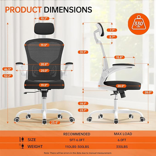 Office Chair Ergonomic Desk Chair, 330LBS Capacity, High Back Computer Chair for Long Hours Comfortable, Rolling Swivel Executive Task Chair for Home Office with Flip-up Armrests(White Black)