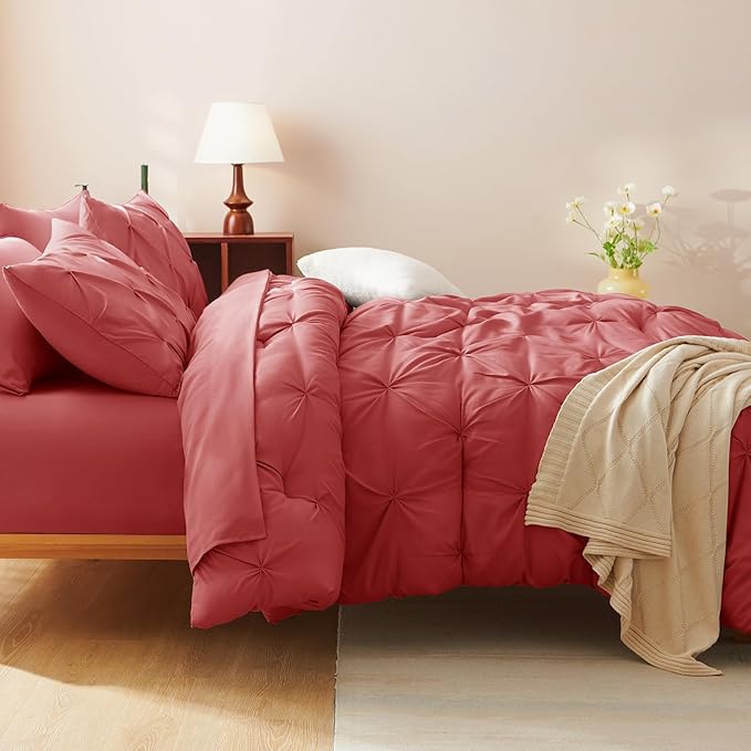 CozyLux Full Size Comforter Sets Coral, 7 Pieces Pintuck Bed in A Bag Coral Comforter Full Size, Pinch Pleat Bedding Sets with All Season Comforter, Flat Sheet, Fitted Sheet, Pillowcases & Shams