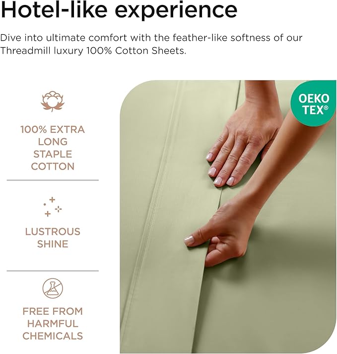 Threadmill 100% Cotton Sheets for Cal King Size Bed - 600 Thread Count Cal King Bed Sheets Set with 16” Deep Pocket - Sateen Weave 4-Piece Bedding Set with Cooling Effect, Sage Green