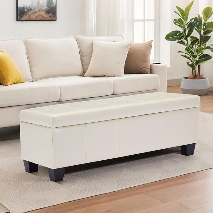 Faux Leather Ottoman with Storage, 42 Inch Rectangular Storage Ottoman Bench with Safety Hinged Lid, Large Upholstered End of Bench for Bedroom Entryway Living Room, Beige