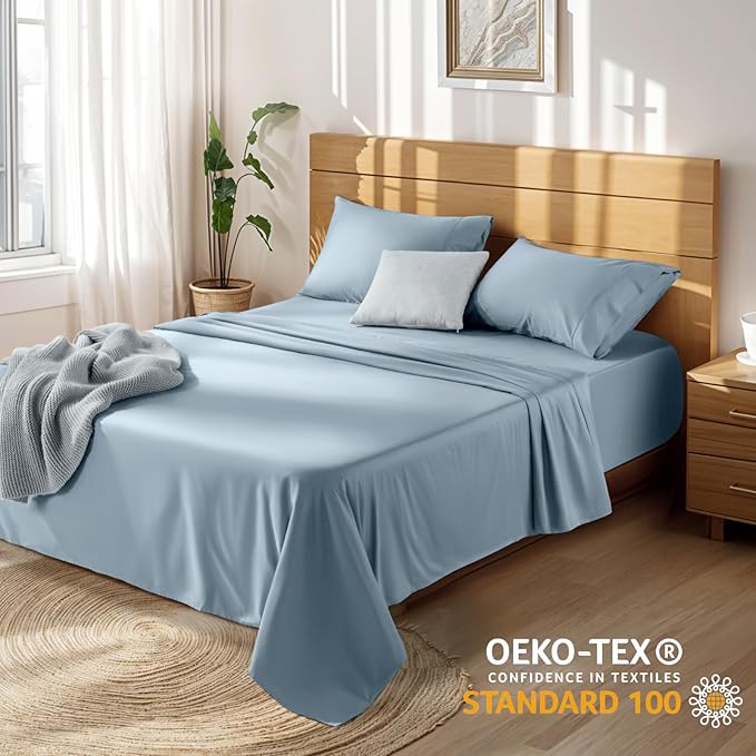 LBRO2M 100% Cotton Sheets Set Deep Pocket 19", 1000 Thread Count Queen Size 4 Piece Bed Sheet Sets Soft Comfortable Bedding All Season (Queen, French Blue) LBRO2MBedding