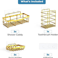Fab Glass and Mirror 5-Pack Shower Caddy, Gold - Shower Organizer & Shelves for Efficient Storage, Bathroom Caddy for Wall Organizer, Durable Showers Wall Caddy